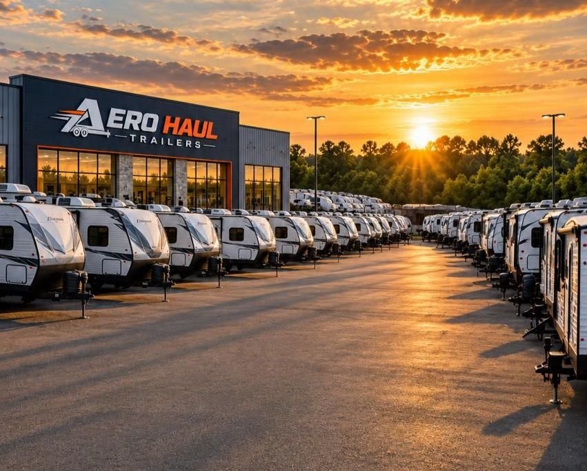 Aero Haul Trailers dealership with rows of trailers for sale